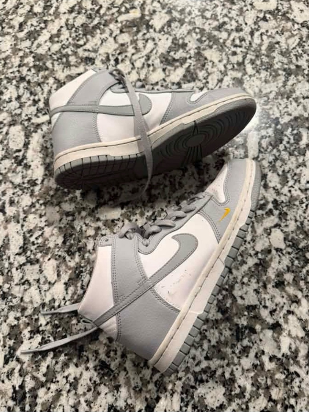 Nike Kids Grey and White High-Top Sneakers with Yellow Swoosh Accent